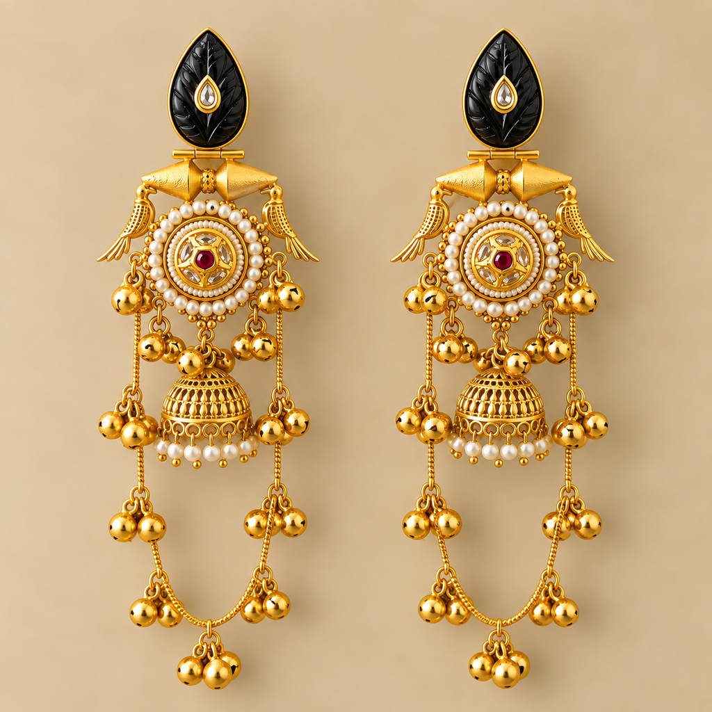 Black & Gold Long Jhumka Earrings