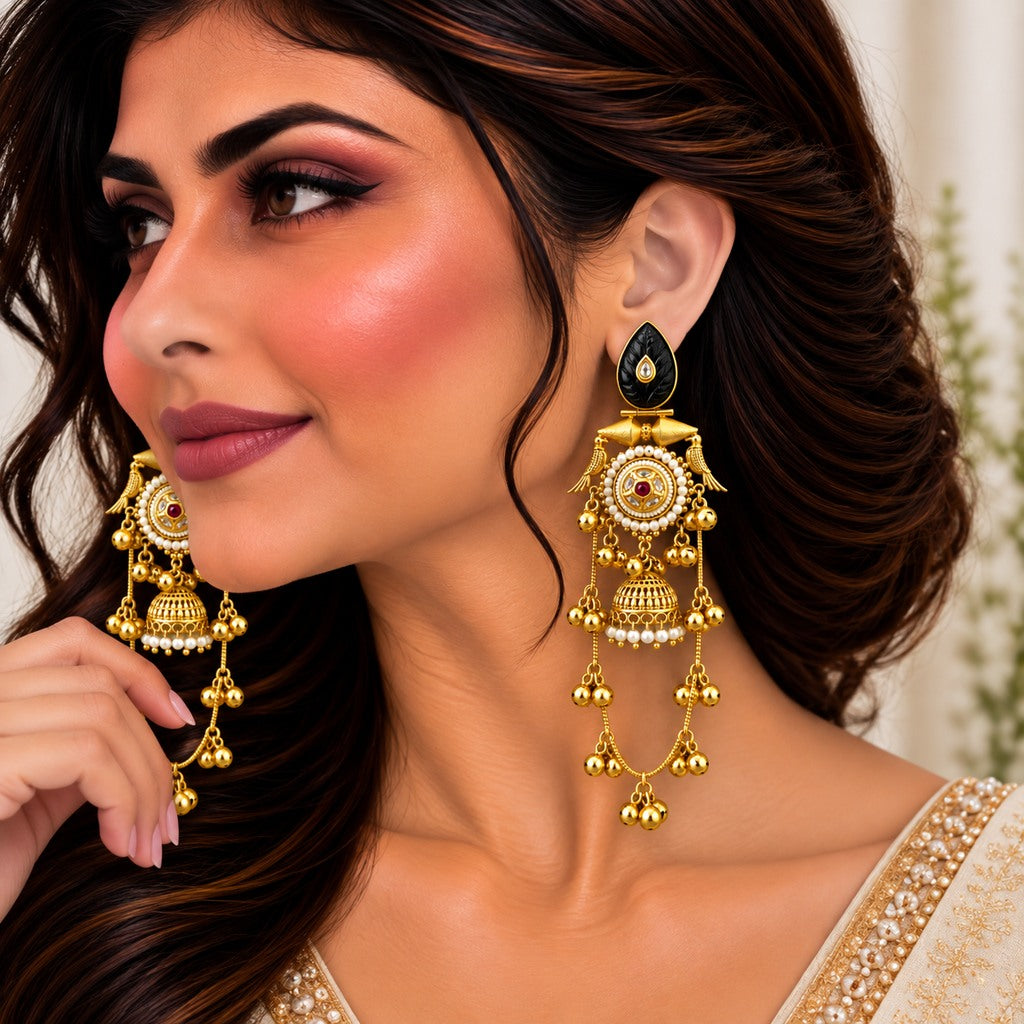Black & Gold Long Jhumka Earrings