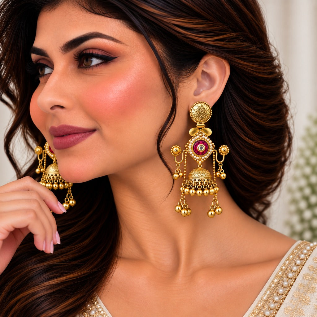 Magenta Gold-Tone Hanging Chain Earrings