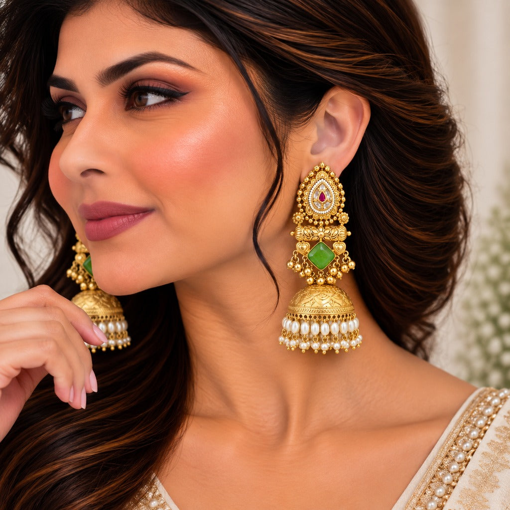 Green & Gold Jhumka Earrings