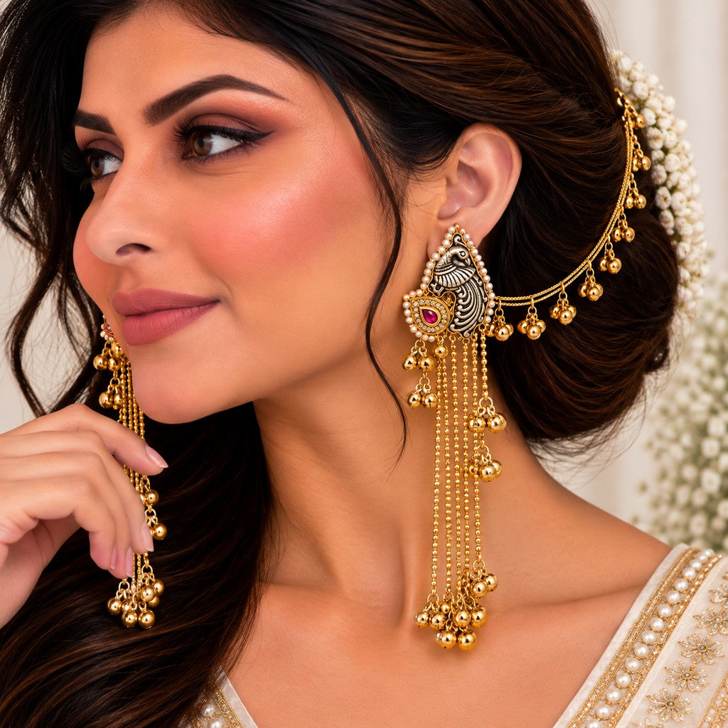 Traditional Peacock Kashmiri earring with dangling ear chains