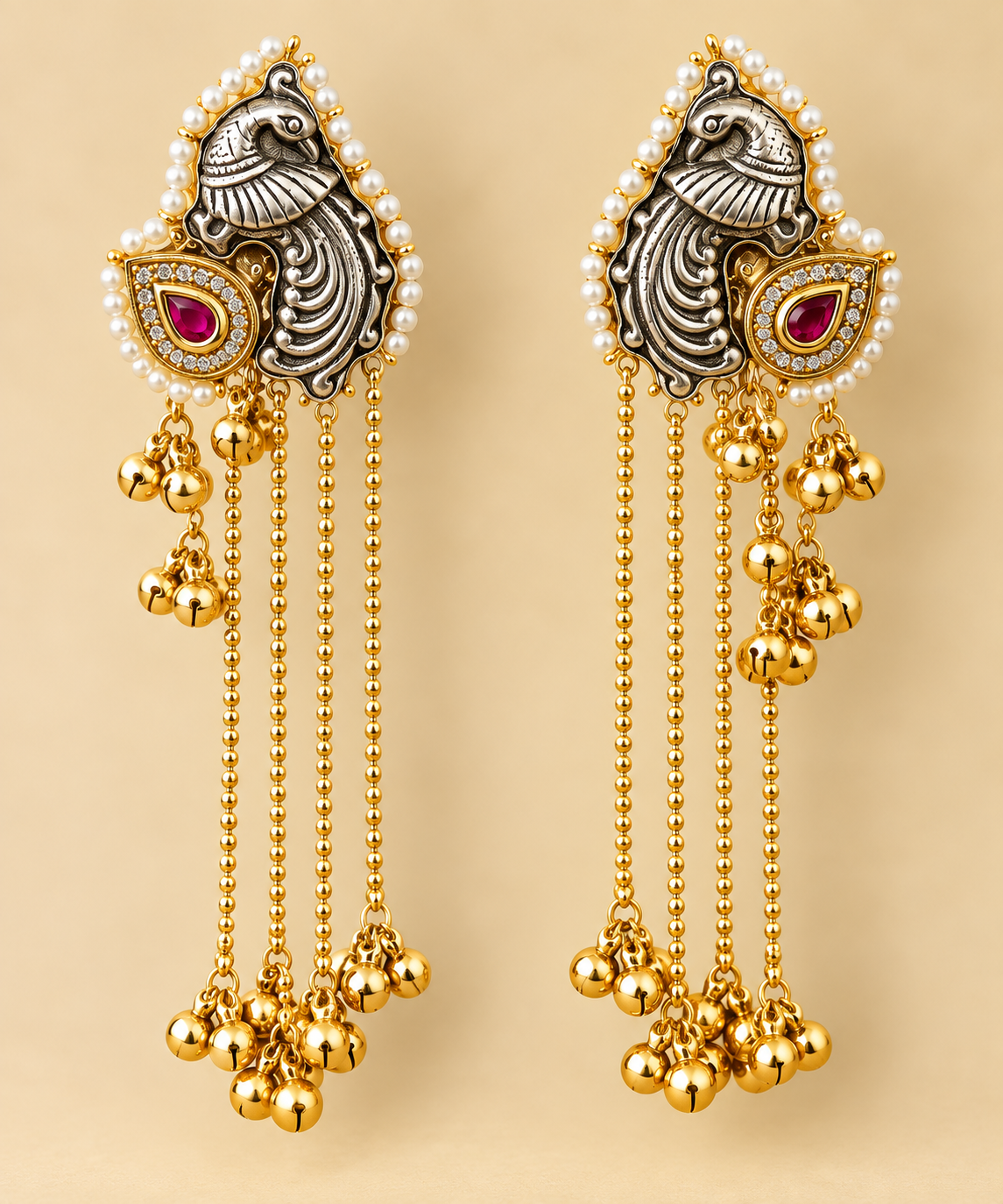 Traditional Peacock Kashmiri earring with dangling ear chains