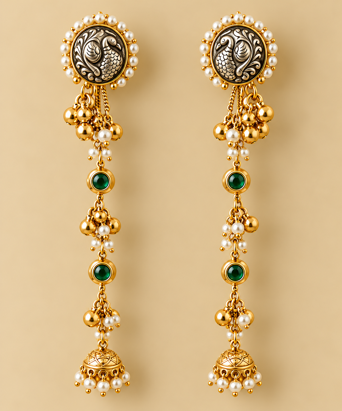 Pearl & Stone Long Drop Earrings with Ear chain