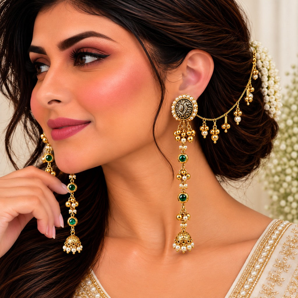Pearl & Stone Long Drop Earrings with Ear chain
