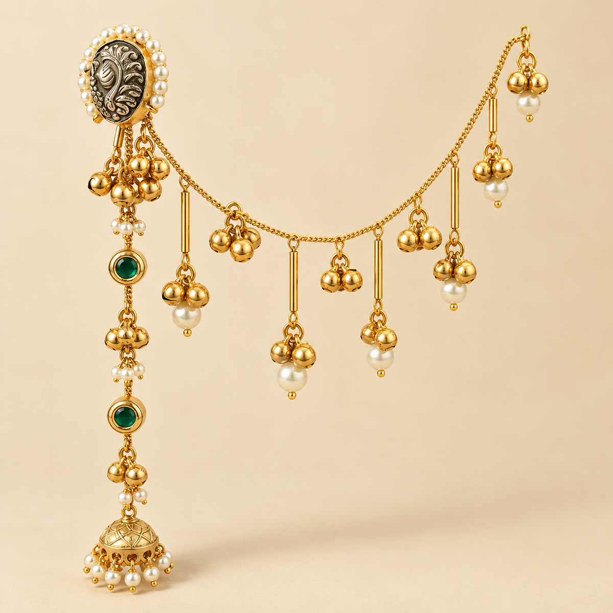 Pearl & Stone Long Drop Earrings with Ear chain