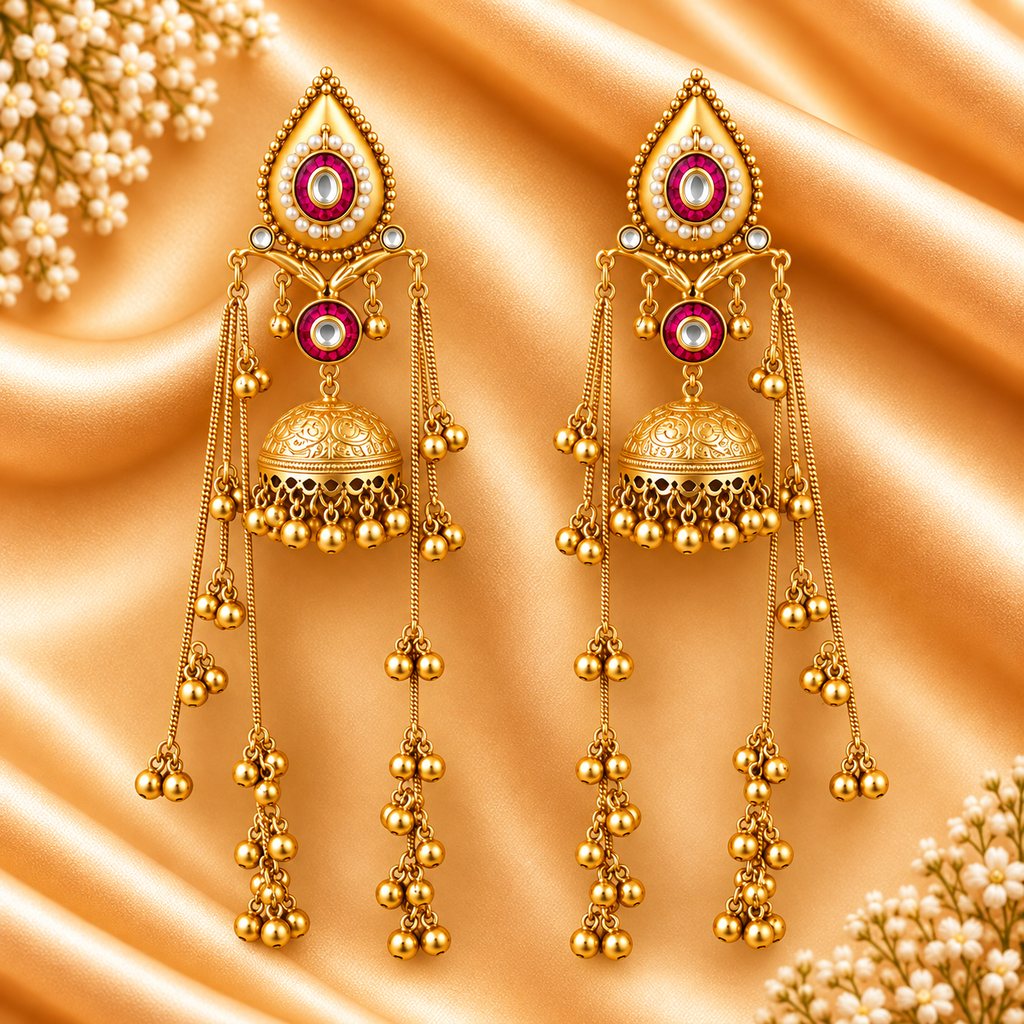Pink & Gold Jhumka Earrings - Classic Design