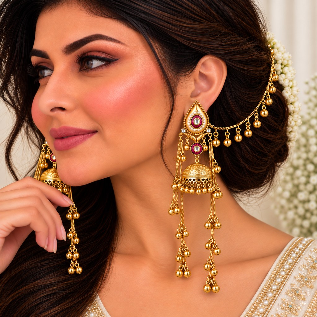 Pink & Gold Jhumka Earrings - Classic Design