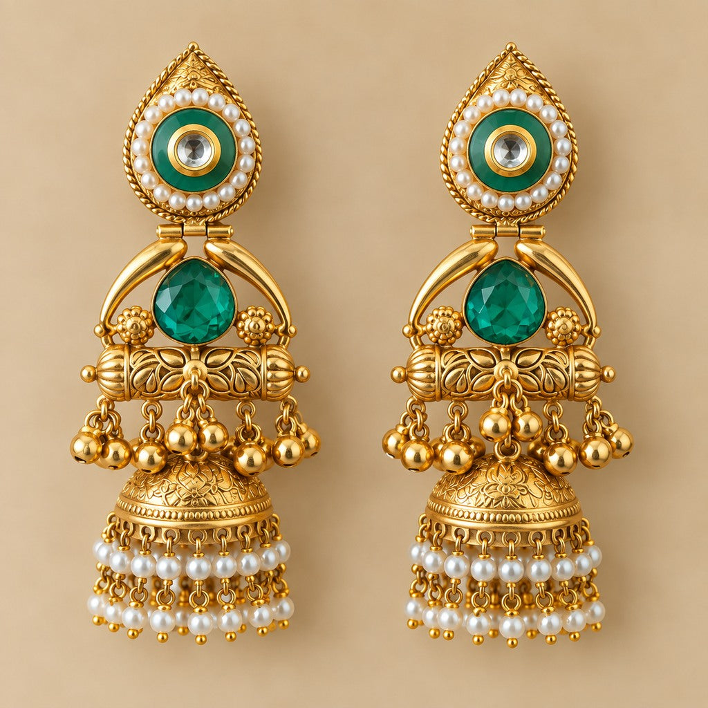 Green Stone Jhumka With Ear Chain Earrings