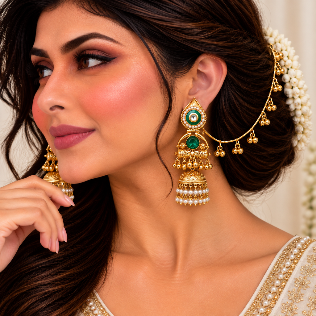 Green Stone Jhumka With Ear Chain Earrings