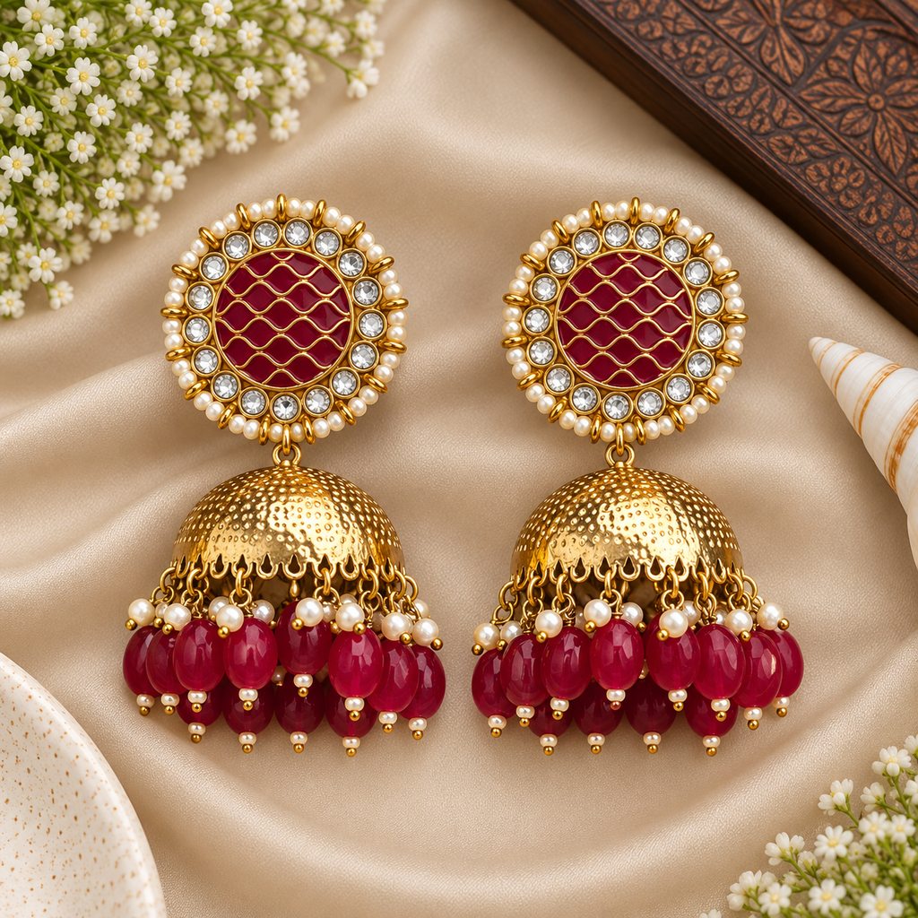 Maroon & Gold Jhumka Earrings