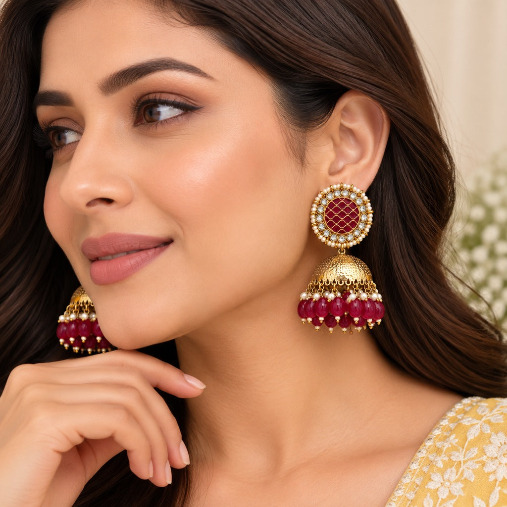 Maroon & Gold Jhumka Earrings