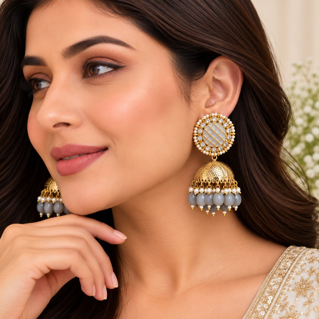 Grey Jhumka Earrings with Pearl Drops