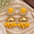 Yellow Beaded Gold-Tone Jhumka Earrings