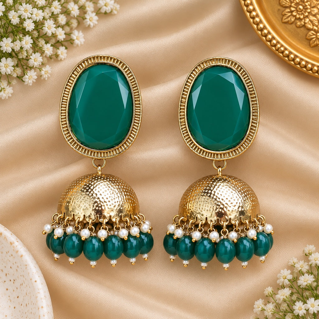 Green Oval Statement Jhumka Earrings