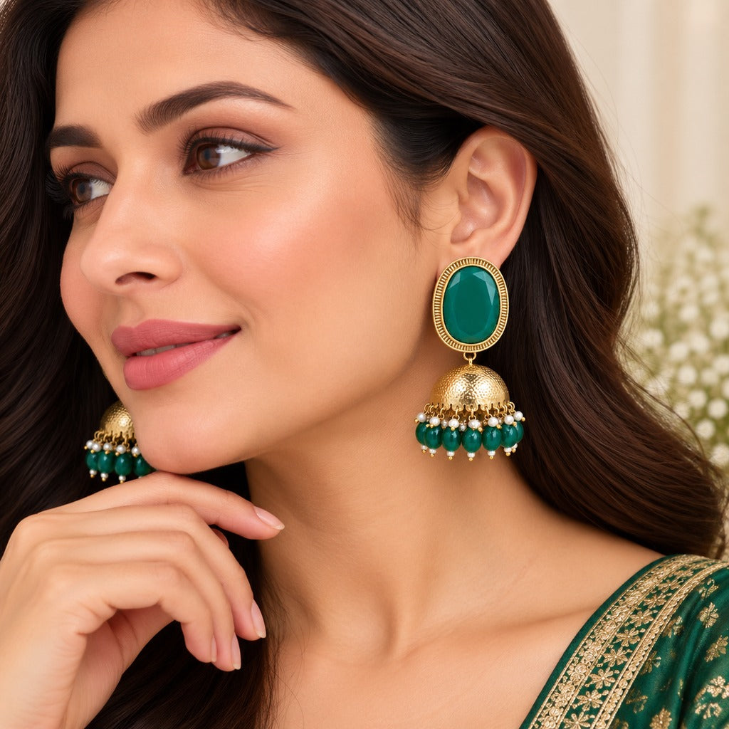 Green Oval Statement Jhumka Earrings