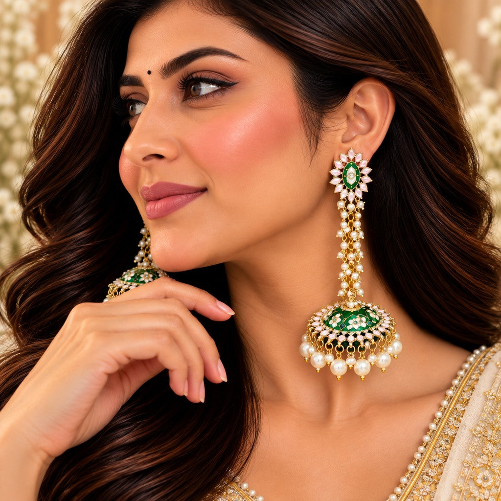 Green Long Jhumka Earrings with Pearl Drops