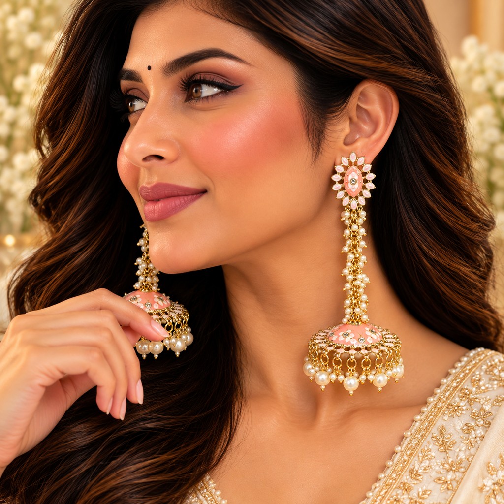 Peach Long Jhumka Earrings with Pearl Drops