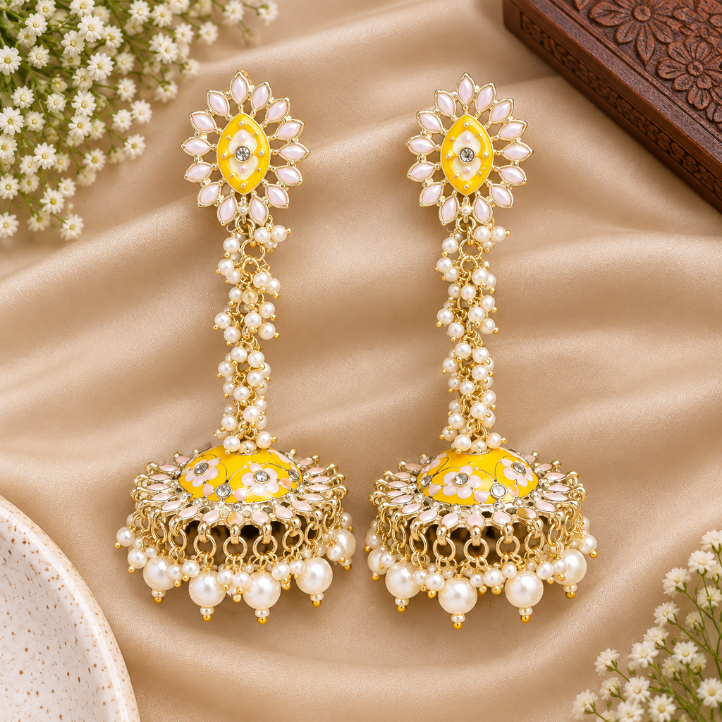 Yellow Long Jhumka Earrings with Pearl Drops
