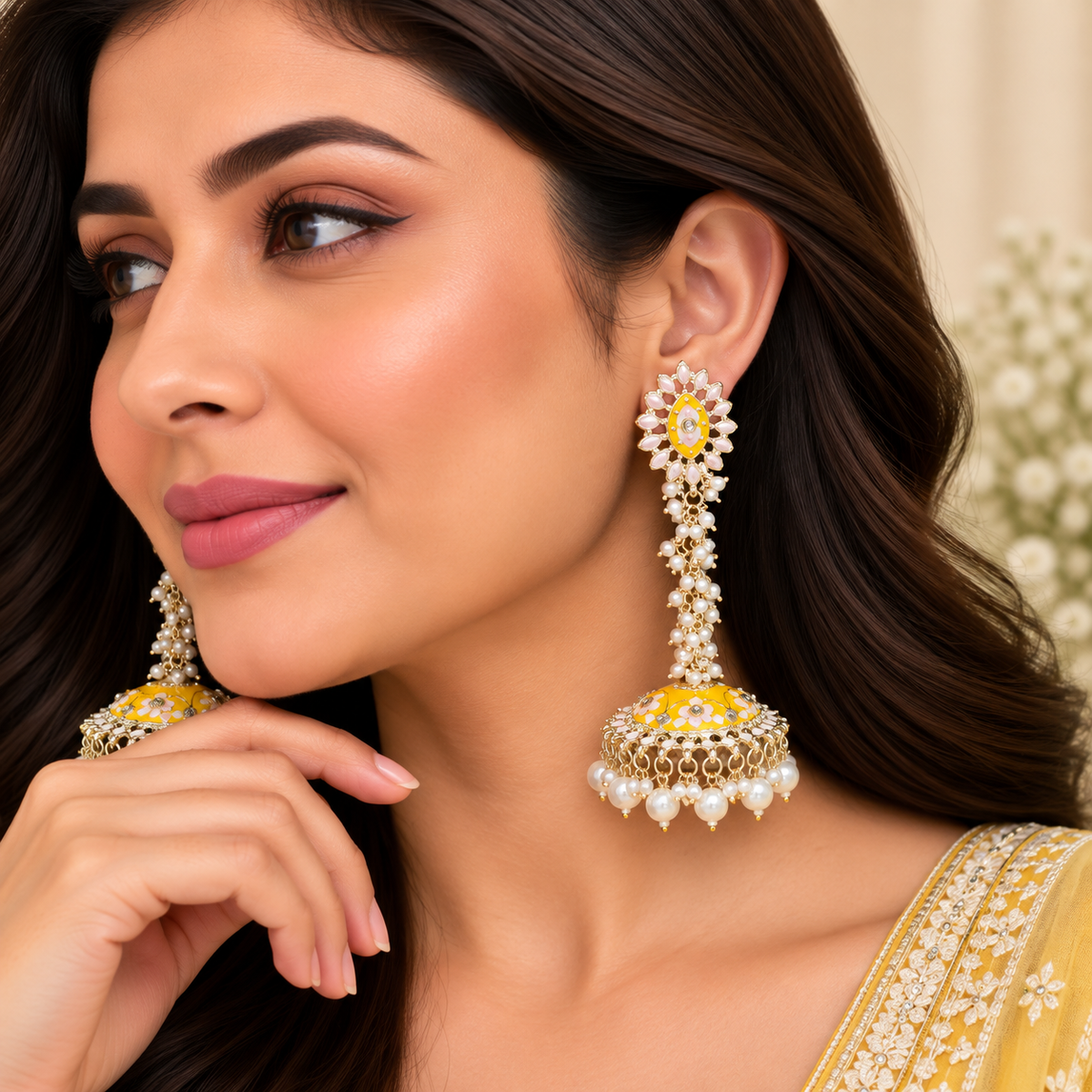 Yellow Long Jhumka Earrings with Pearl Drops