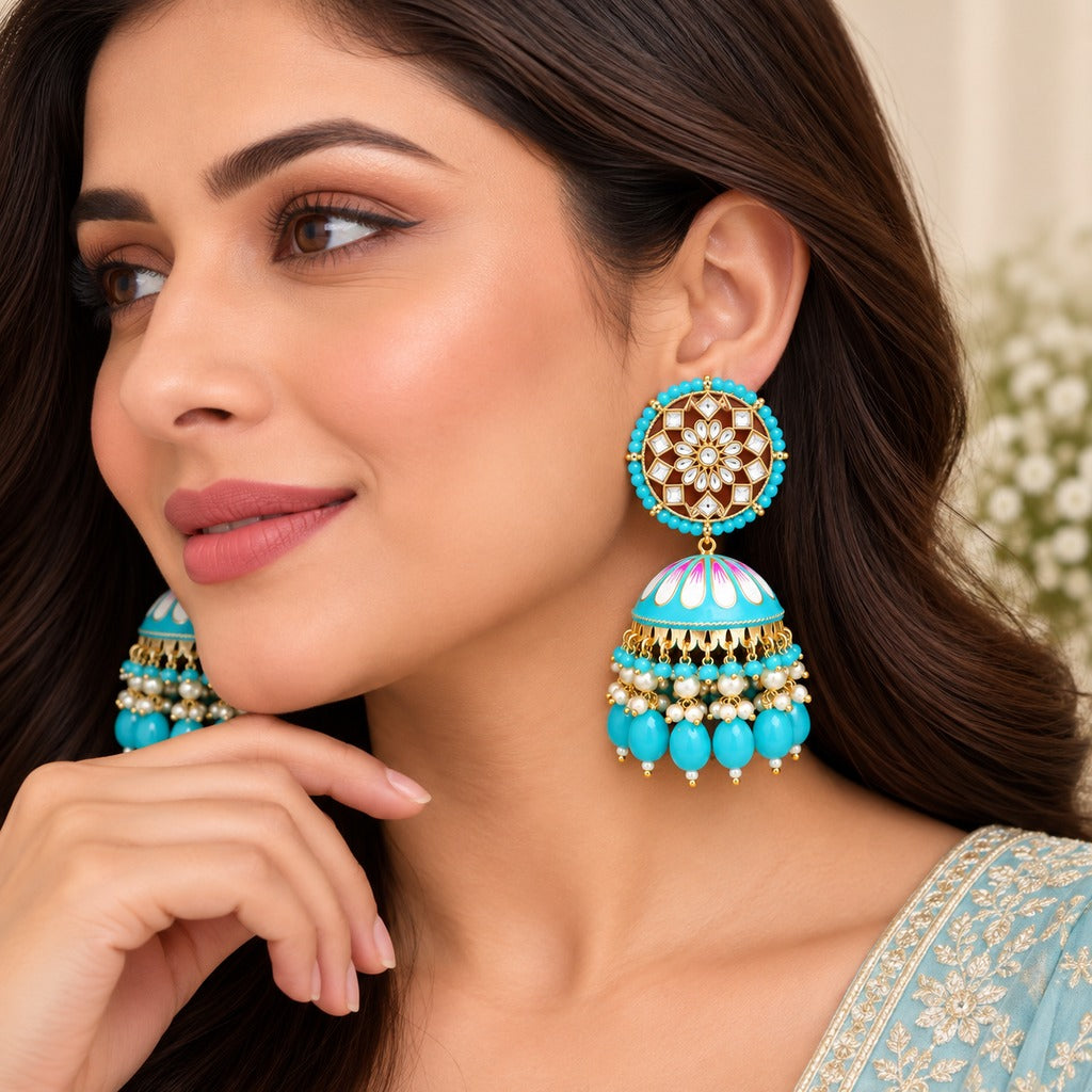 Turquoise Blue Jhumka Earrings with Pearl Drops