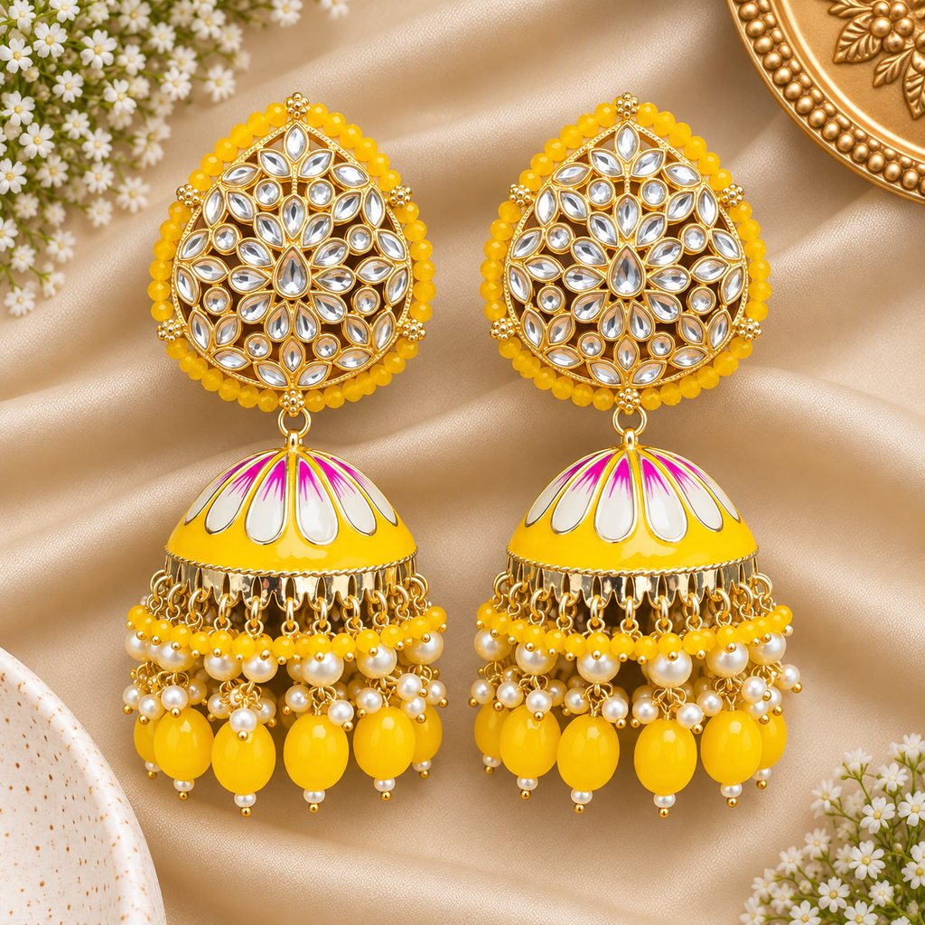 Yellow Jhumka Earrings with Pearl Drops