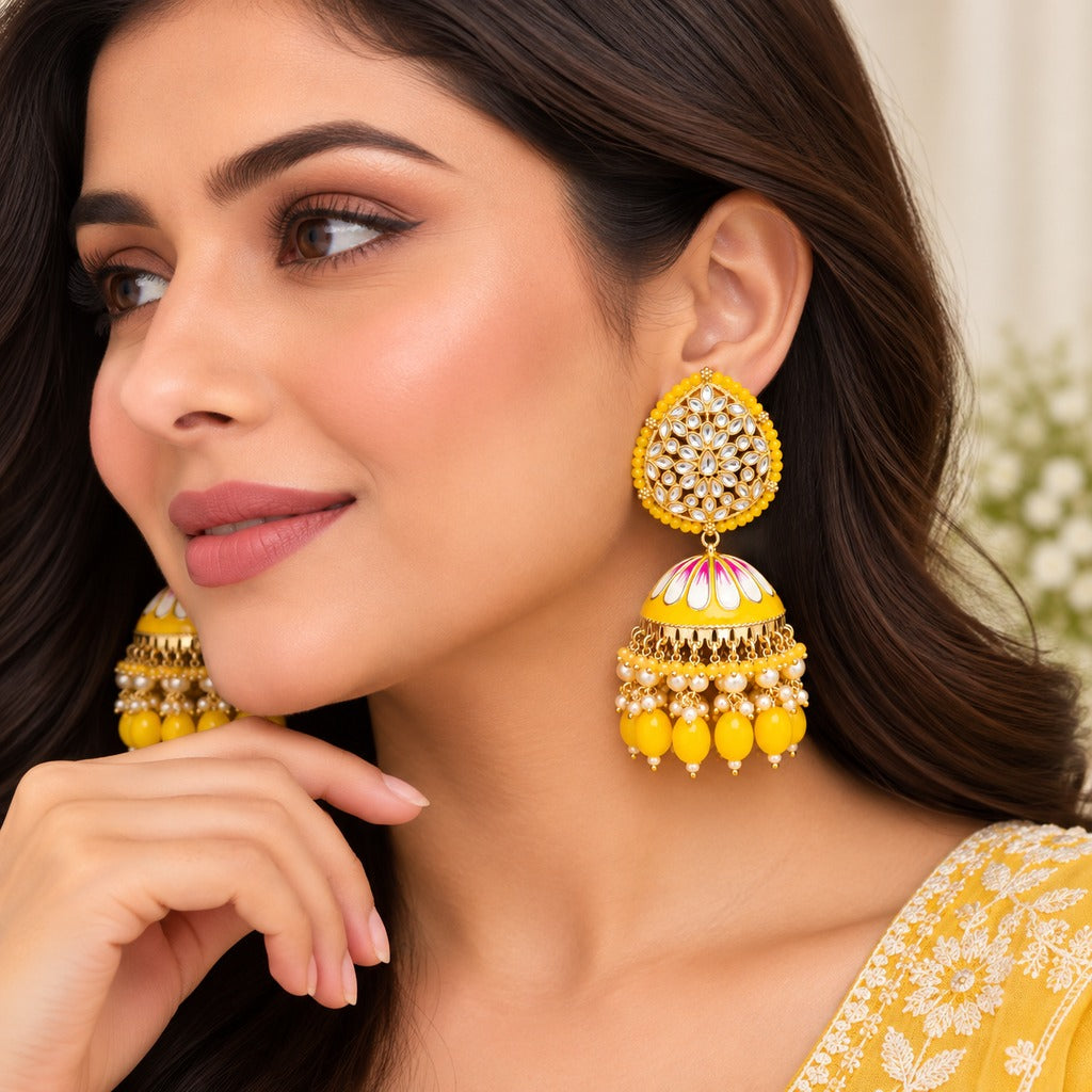 Yellow Jhumka Earrings with Pearl Drops