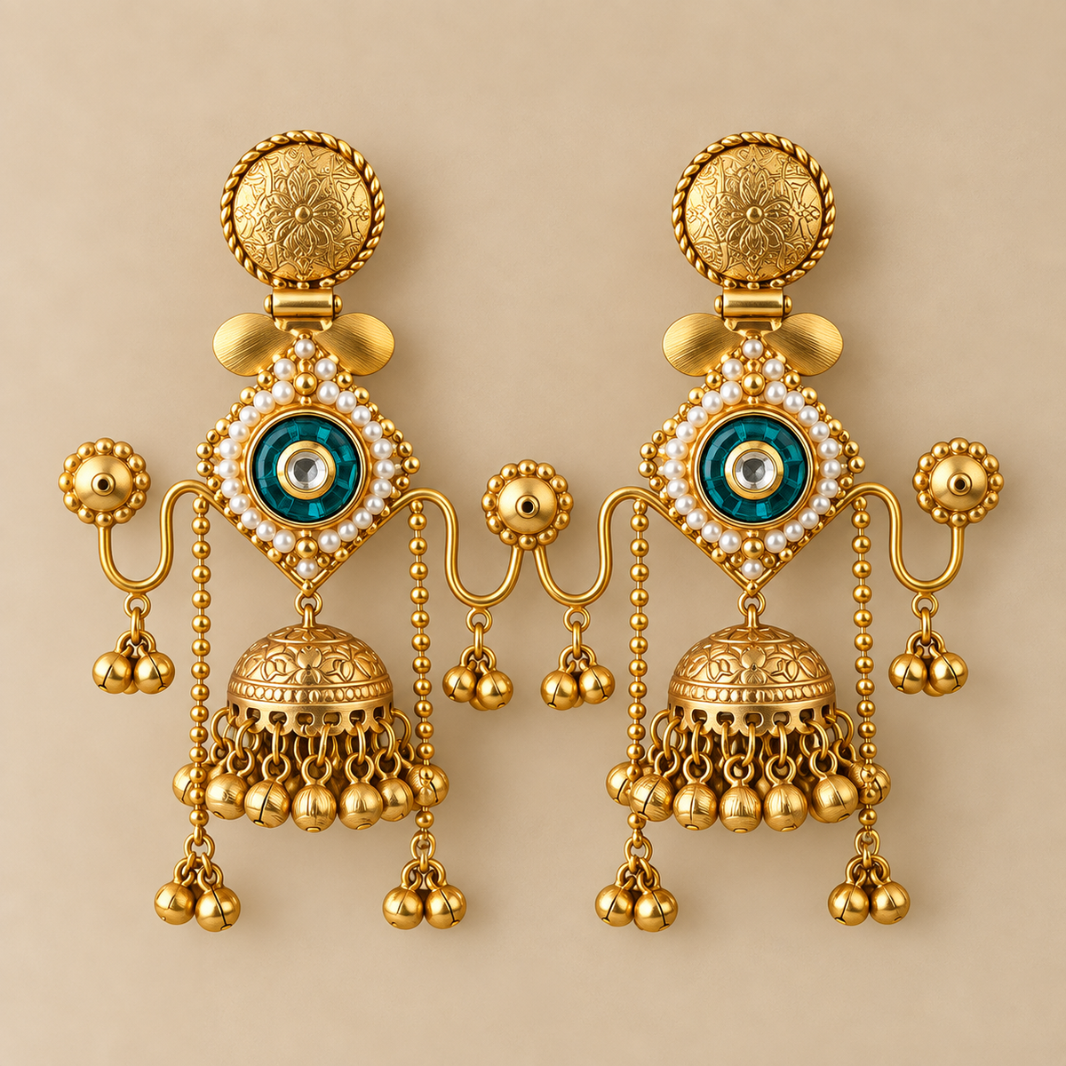 Green Gold-Tone Hanging Chain Earrings