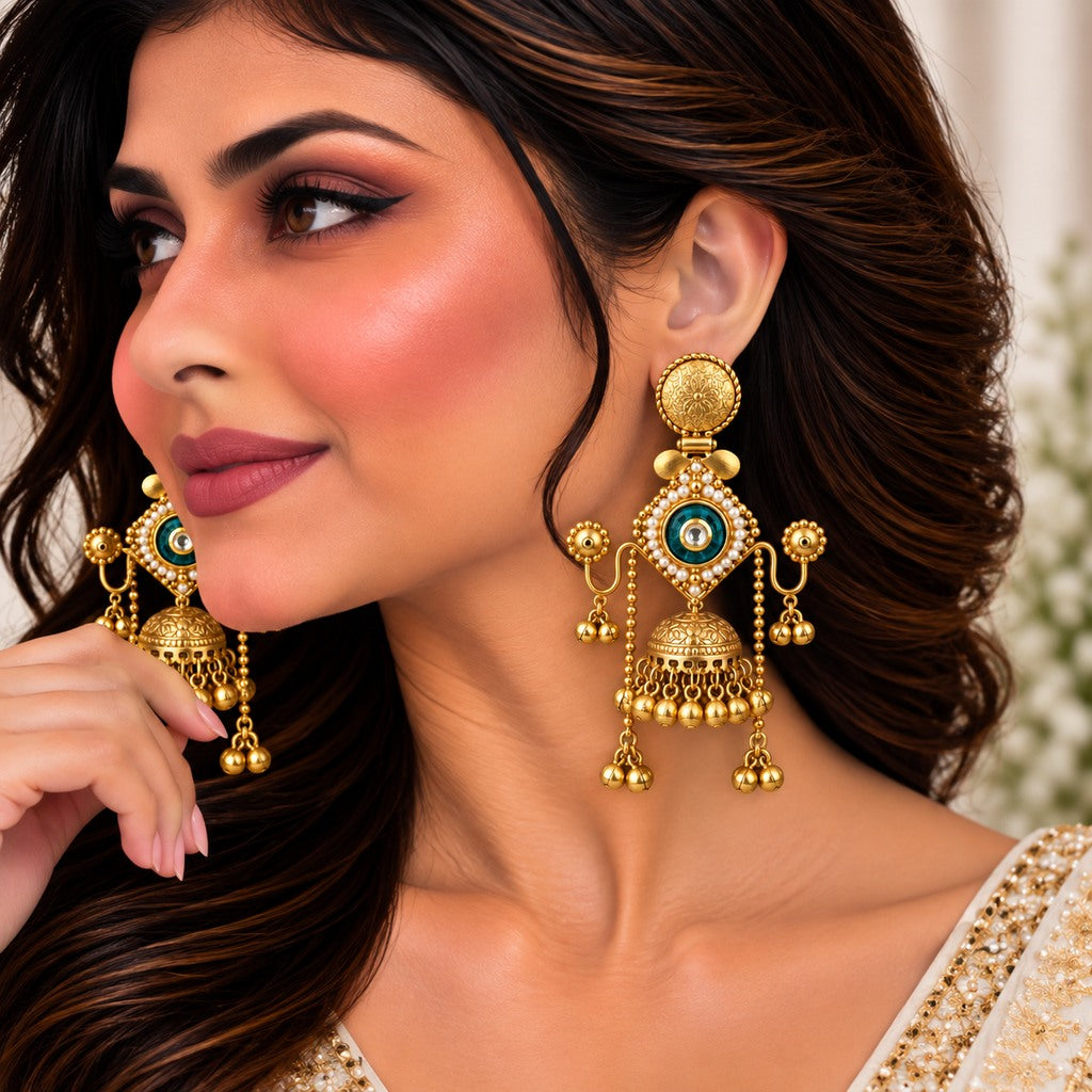 Green Gold-Tone Hanging Chain Earrings