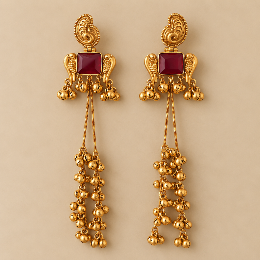 Maroon Gold-Tone Long Drop Earrings