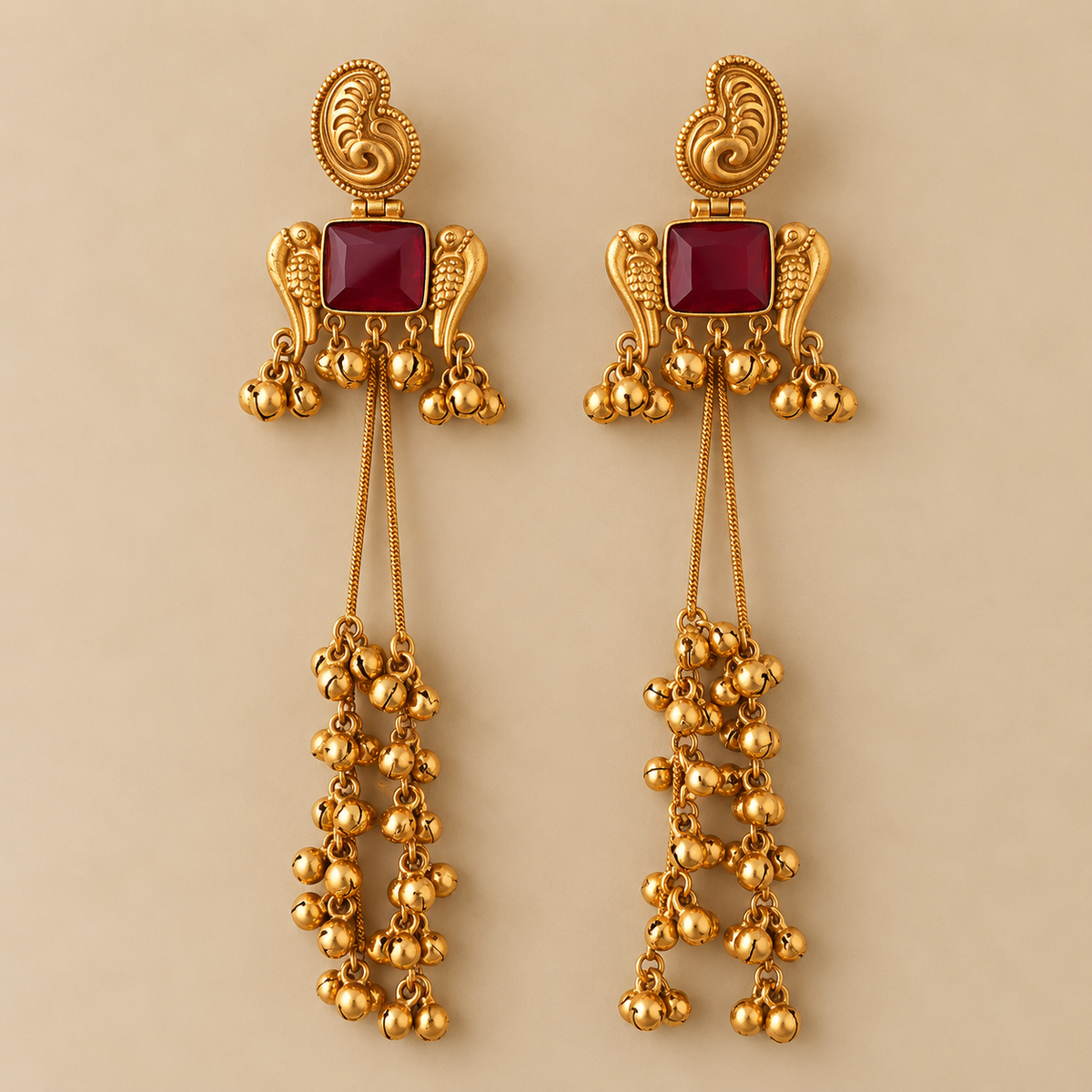 Maroon Gold-Tone Long Drop Earrings