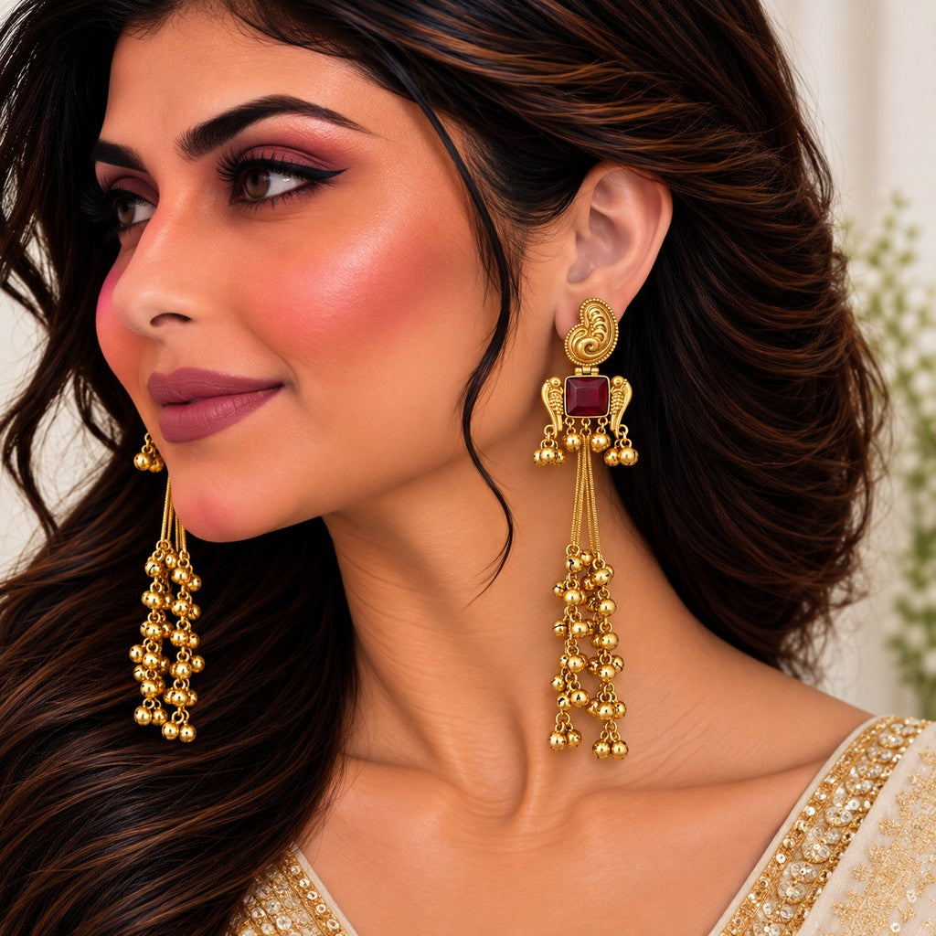 Maroon Gold-Tone Long Drop Earrings