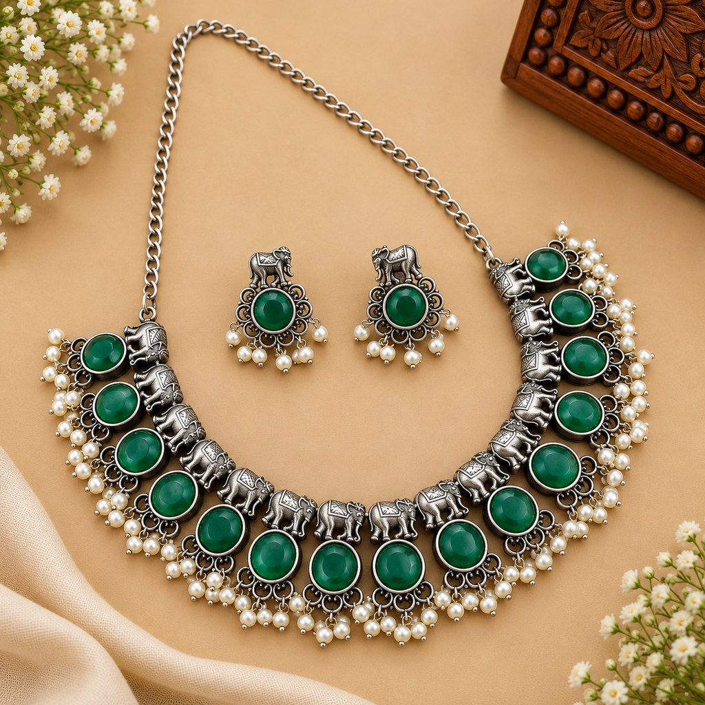 Oxidised Silver Green Stone Necklace Set