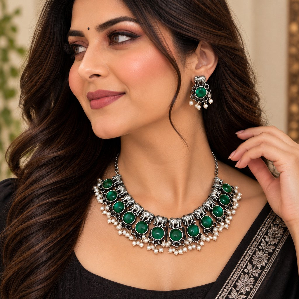 Oxidised Silver Green Stone Necklace Set