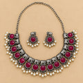 Oxidised Silver Red Stone Necklace Set