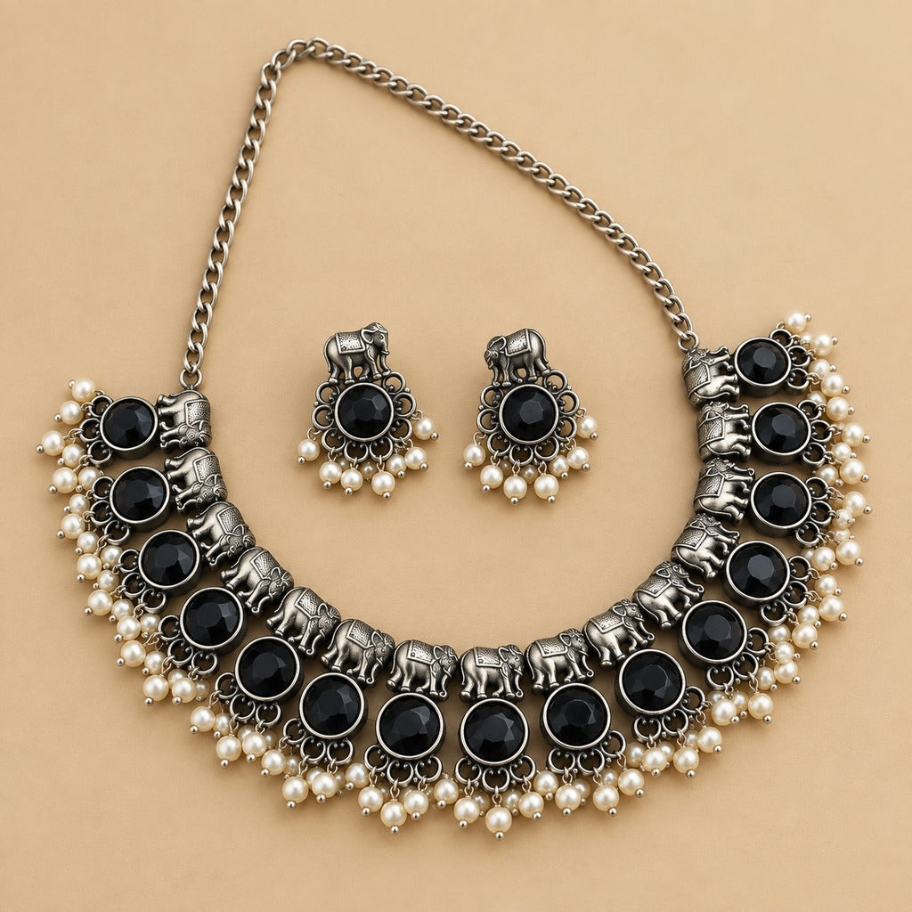 Oxidised Silver Black Stone Necklace Set