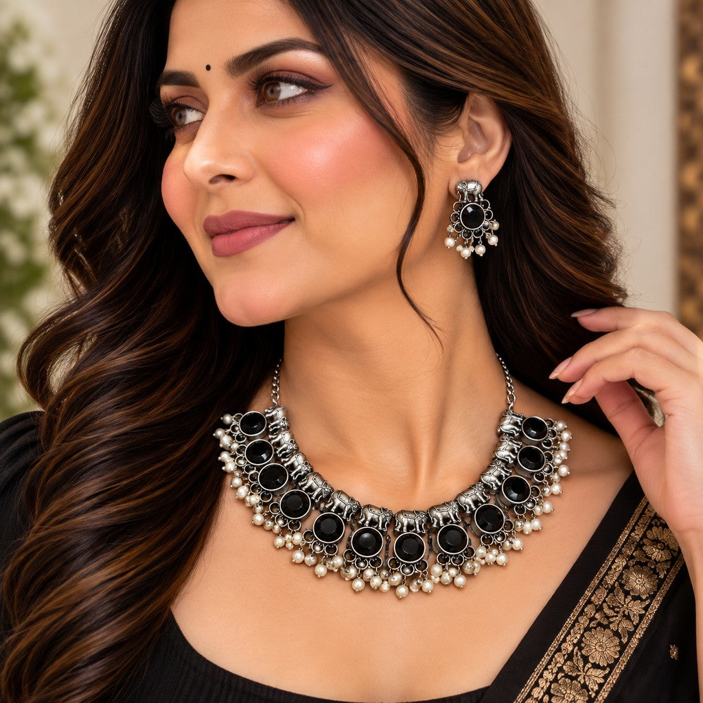 Oxidised Silver Black Stone Necklace Set