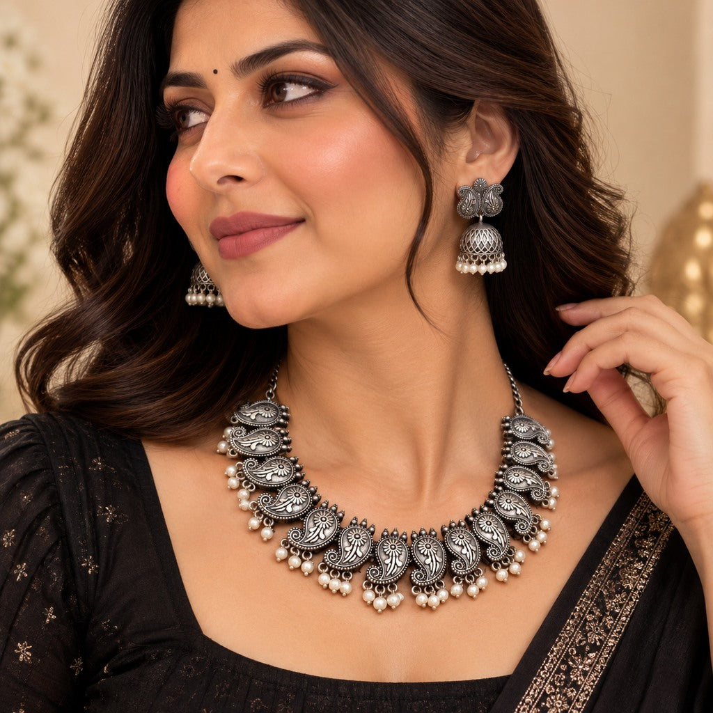 Oxidised Silver Traditional Peacock Necklace Set