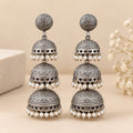 Triple-Layer Silver-Tone Jhumka Earrings with Pearls