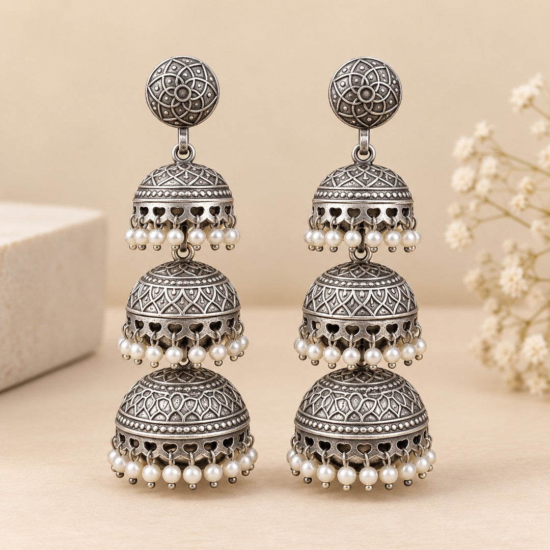 Triple-Layer Silver-Tone Jhumka Earrings with Pearls