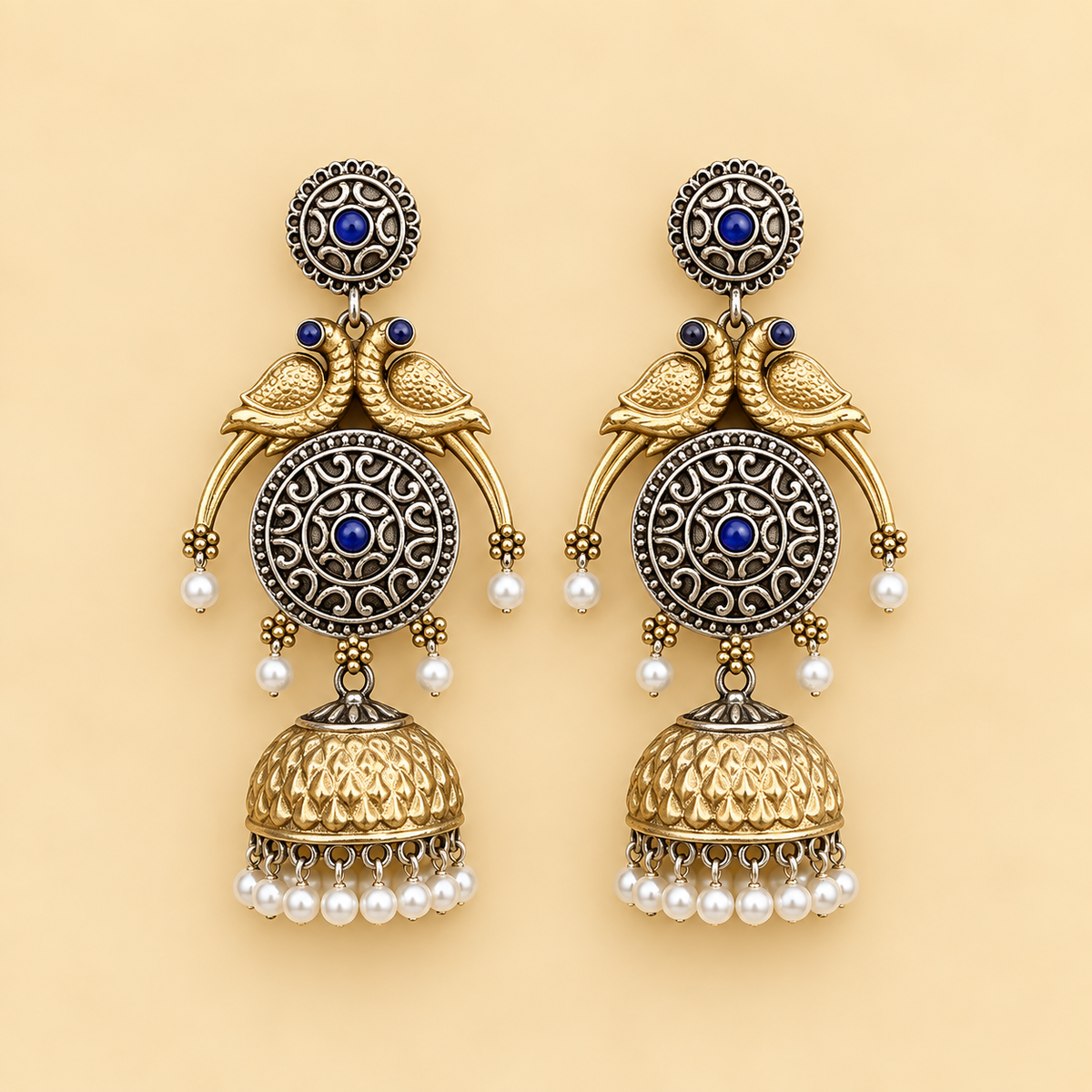 Blue Stone Silver-Tone Statement Earrings