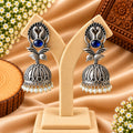 Blue & Silver-Tone Peacock Motif Jhumka Earrings