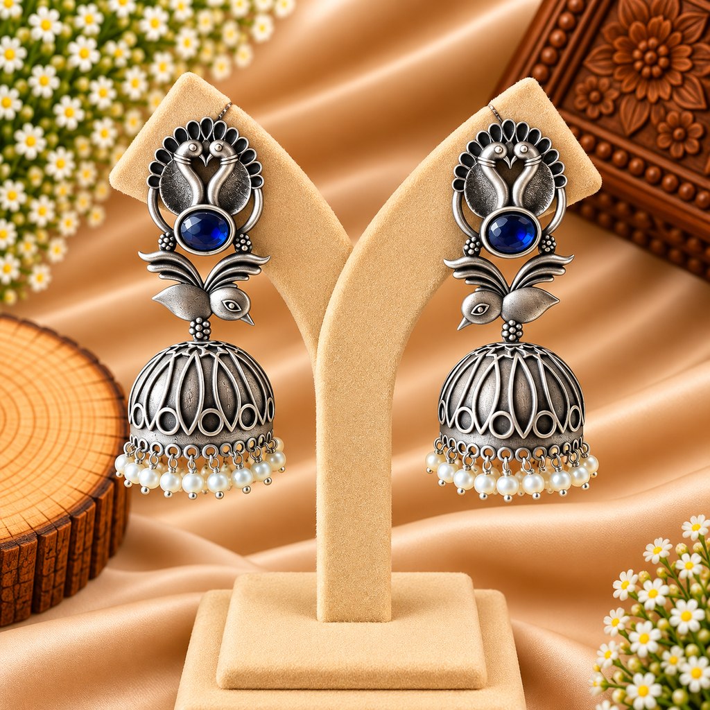 Blue & Silver-Tone Peacock Motif Jhumka Earrings