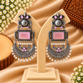 Pink Stone Silver-Tone Statement Earrings