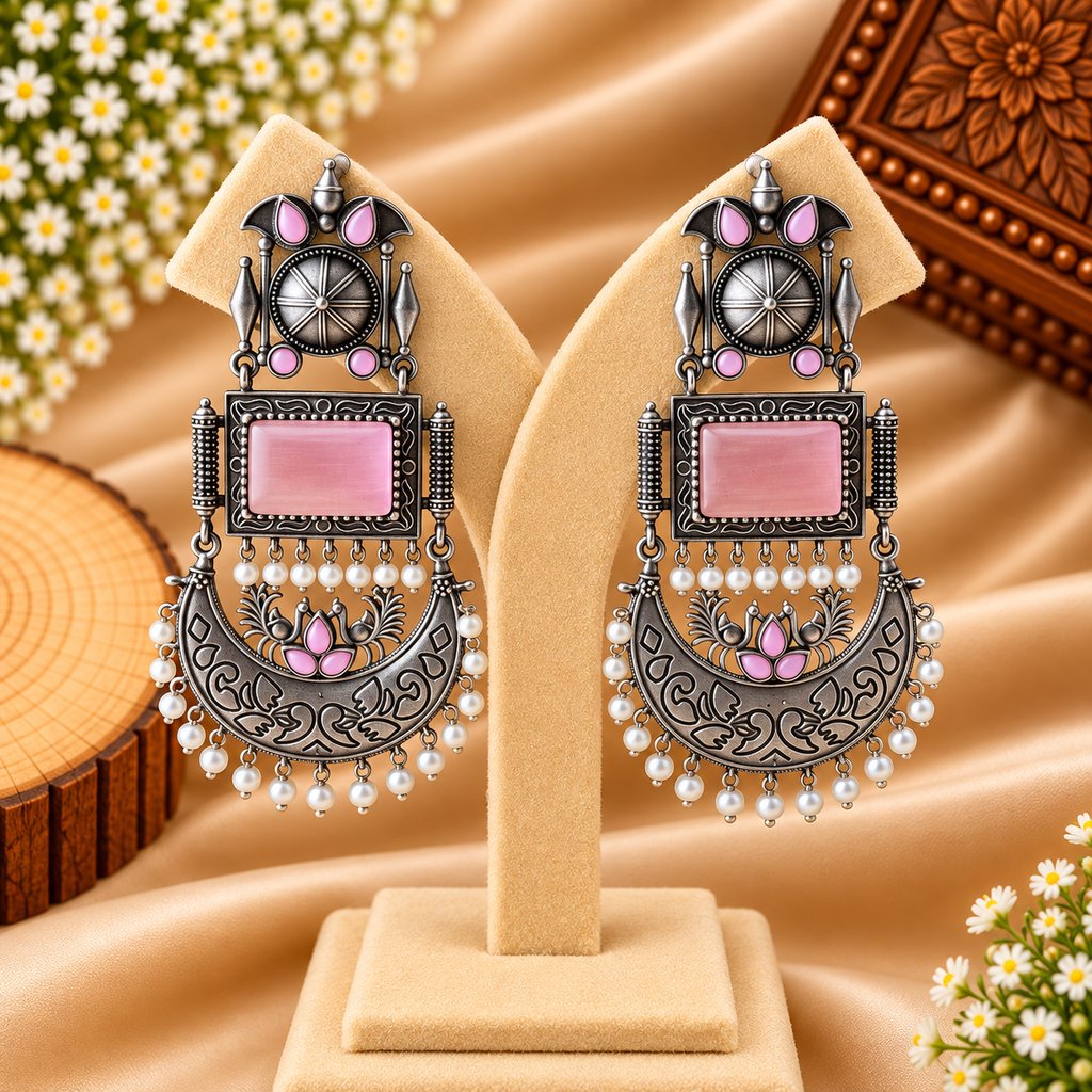 Pink Stone Silver-Tone Statement Earrings