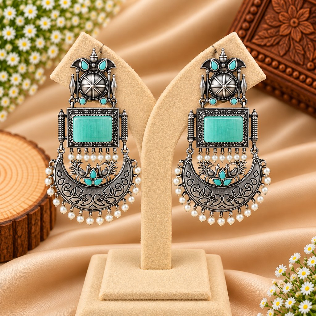 Green Stone Silver-Tone Jhumka Earrings