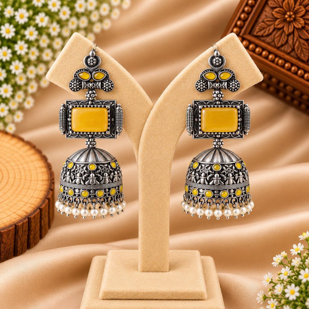 Yellow Stone Silver-Tone Jhumka Earrings