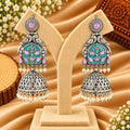 Mint Green & Pink Silver-Tone Jhumka Earrings