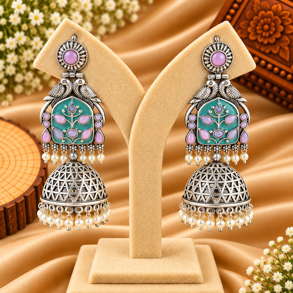 Mint Green & Pink Silver-Tone Jhumka Earrings