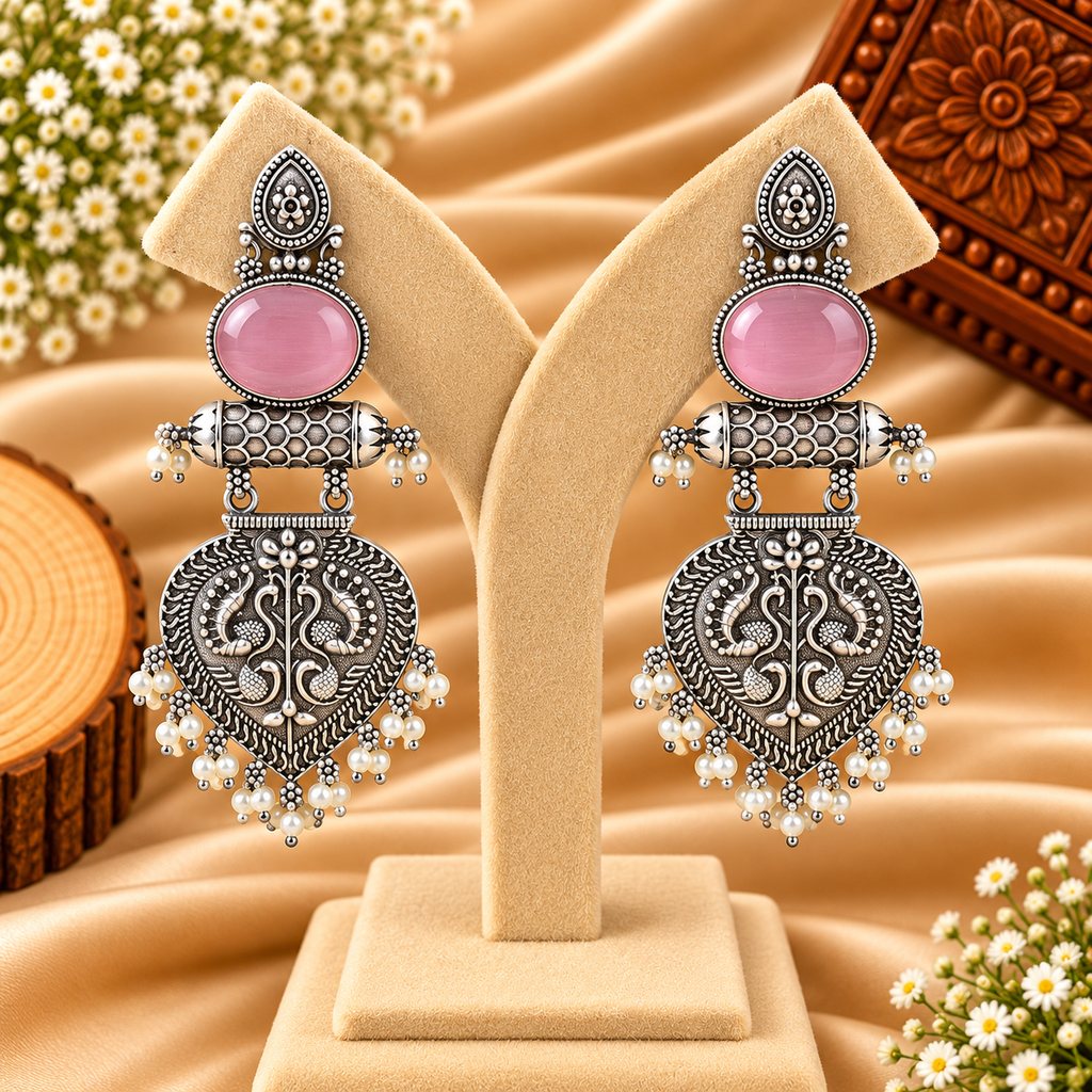 Pink Stone Silver-Tone Ornate Statement Earrings