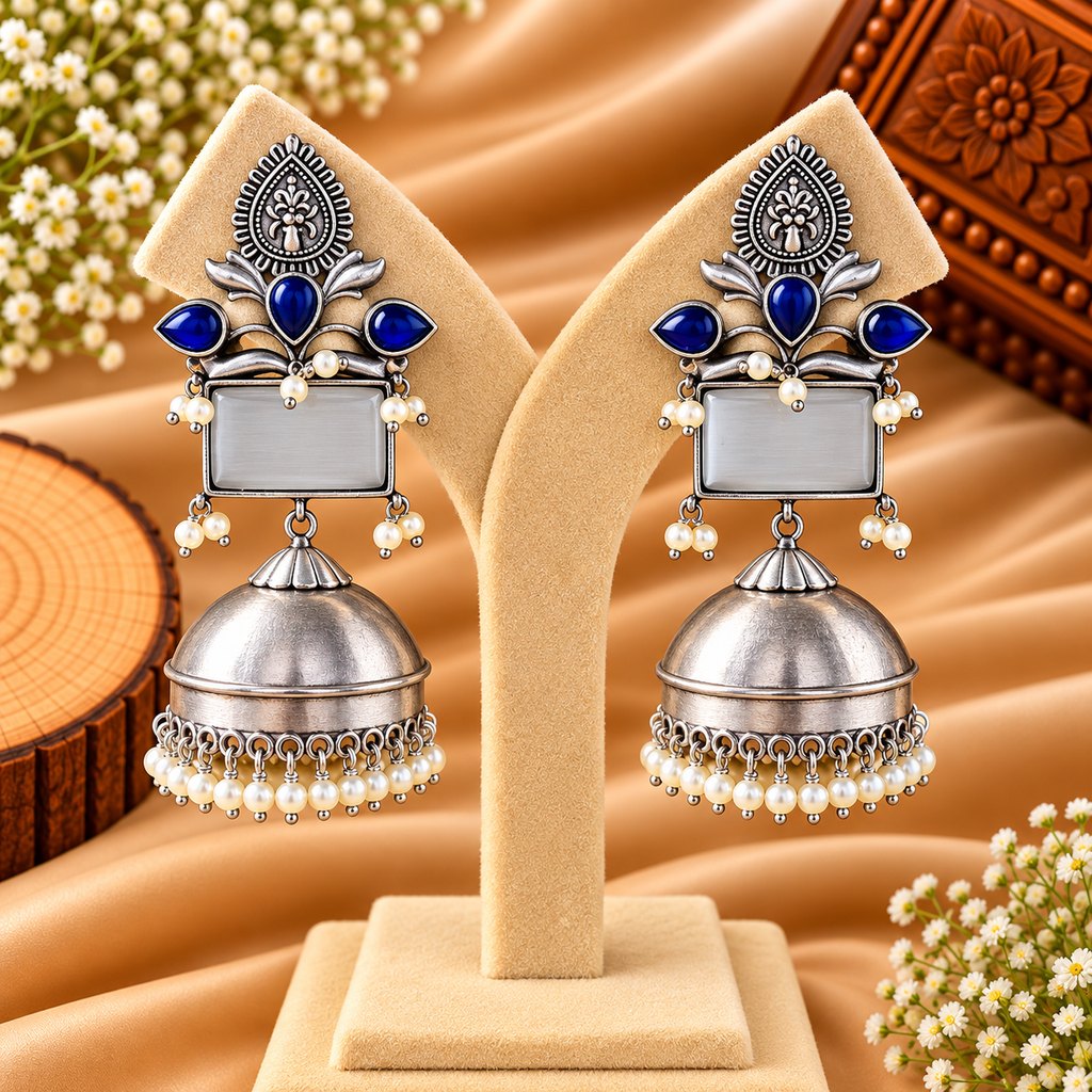 Blue Stone Silver-Tone Jhumka Earrings